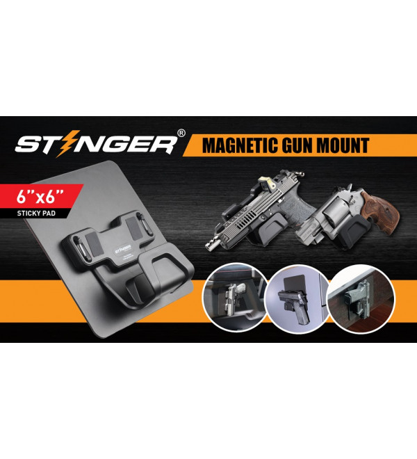 STINGER MAGNETIC GUN MOUNT W/ SAFETY TRIGGER GUARD PROTECTION, STICKY PAD NON-DRILL SOLUTION